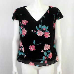 Evan Picone Semi Sheer Blouse 12 Short Sleeve V-Neck Black Multi Floral